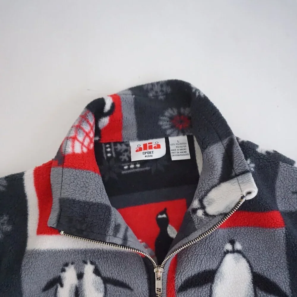 Vintag Alia Sport Grey Red Penguin Snowflake Zip Fleece Jacket Winter Cabin L - Picture 10 of 10